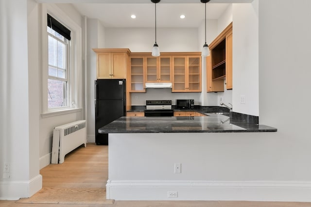 kitchen featuring hanging light fixtures, kitchen peninsula, radiator heating unit, light hardwood / wood-style flooring, and black appliances