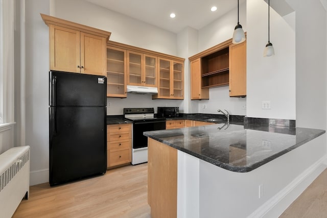 kitchen with kitchen peninsula, radiator heating unit, decorative light fixtures, black appliances, and light wood-type flooring