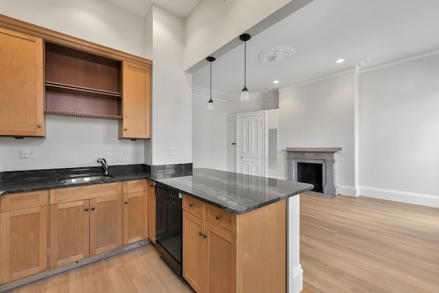 kitchen featuring pendant lighting, sink, kitchen peninsula, dishwasher, and light wood-type flooring