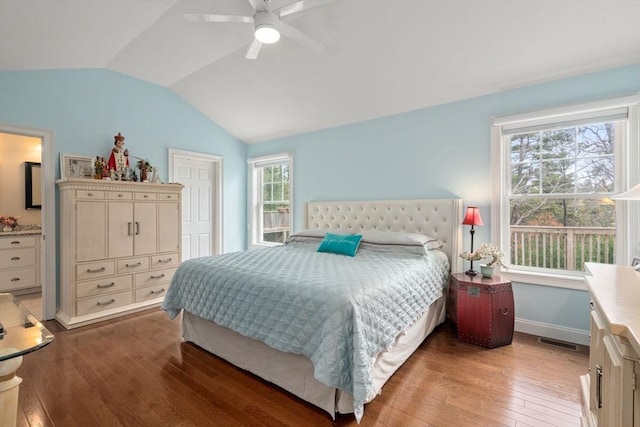 16 Winterberry Way, Plymouth, MA 02360 - bedroom featuring a ceiling fan, visible vents, light wood-style flooring, baseboards, and lofted ceiling