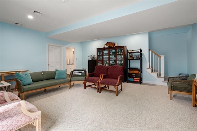 16 Winterberry Way, Plymouth, MA 02360 - living area with visible vents, baseboards, carpet flooring, and stairs