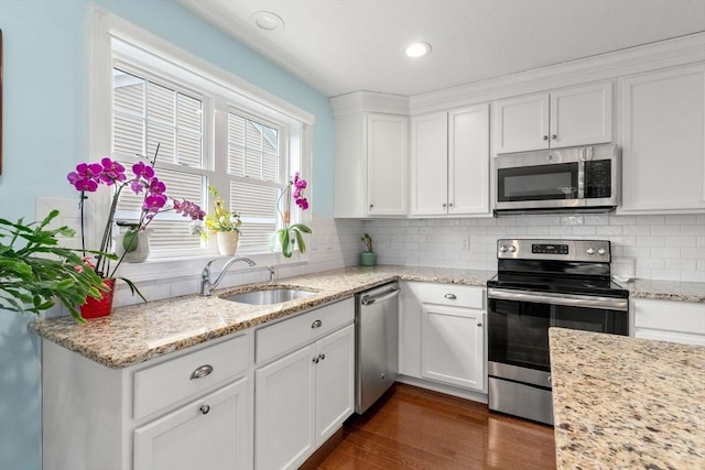 16 Winterberry Way, Plymouth, MA 02360 - kitchen with a sink, decorative backsplash, white cabinetry, appliances with stainless steel finishes, and dark wood finished floors