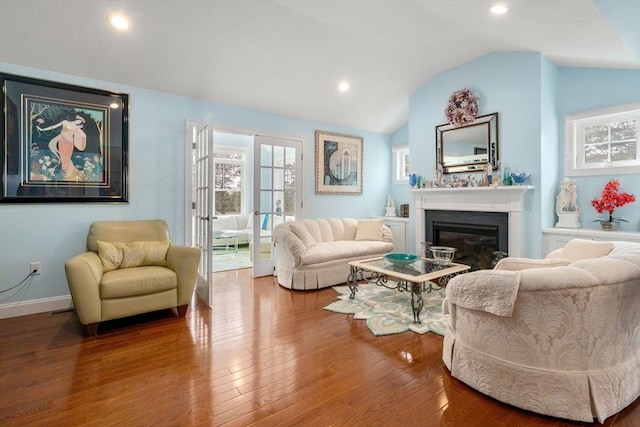 16 Winterberry Way, Plymouth, MA 02360 - living area featuring a glass covered fireplace, recessed lighting, wood-type flooring, and vaulted ceiling