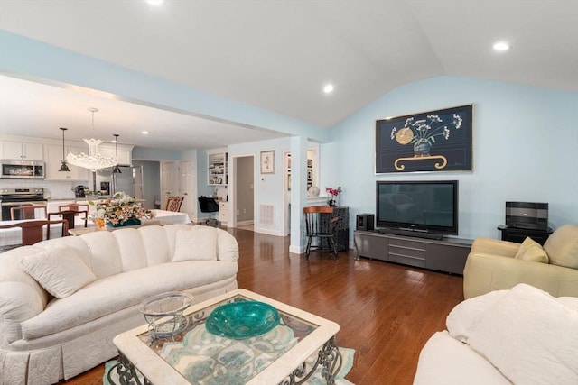 16 Winterberry Way, Plymouth, MA 02360 - living room with visible vents, baseboards, recessed lighting, vaulted ceiling, and dark wood finished floors