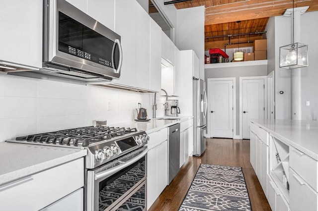 kitchen featuring decorative backsplash, white cabinetry, wooden ceiling, a sink, and stainless steel appliances