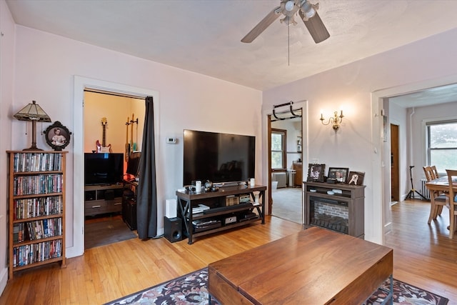 living room with ceiling fan and wood-type flooring