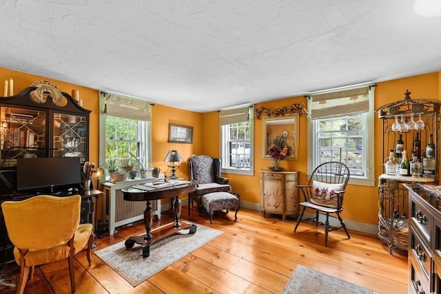 living area featuring hardwood / wood-style flooring, radiator, and baseboards