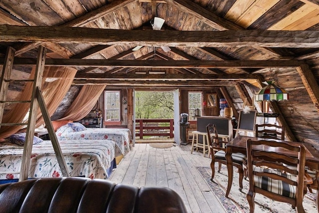 bedroom with access to exterior, hardwood / wood-style flooring, lofted ceiling, and wooden ceiling