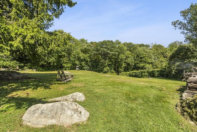 view of green lawn with a wooded view