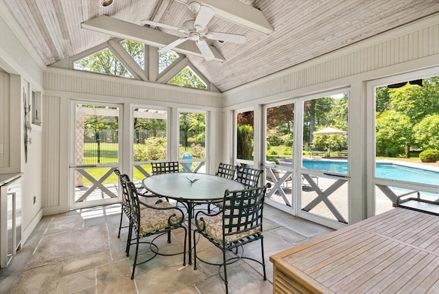 100 Parmenter Rd, Framingham, MA 01701 - sunroom / solarium featuring vaulted ceiling, ceiling fan, beverage cooler, and outdoor dining space