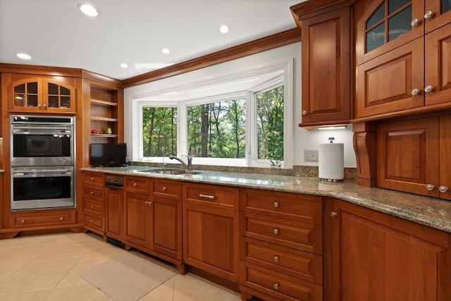 100 Parmenter Rd, Framingham, MA 01701 - kitchen featuring double oven, brown cabinetry, dark stone counters, open shelves, and ornamental molding