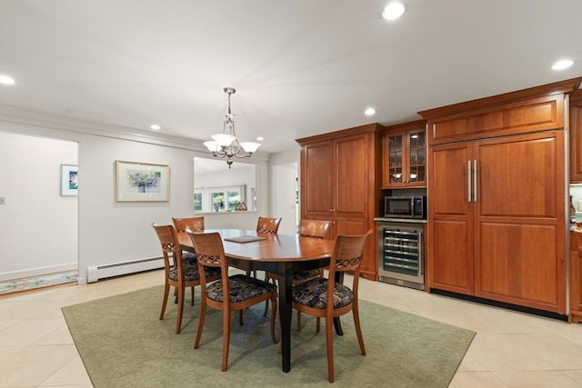 100 Parmenter Rd, Framingham, MA 01701 - dining area featuring beverage cooler, a baseboard radiator, light tile patterned floors, a chandelier, and recessed lighting