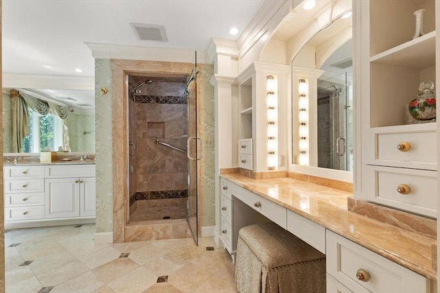 100 Parmenter Rd, Framingham, MA 01701 - full bathroom featuring a shower stall, vanity, ornamental molding, and recessed lighting