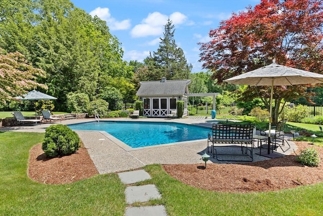 100 Parmenter Rd, Framingham, MA 01701 - outdoor pool with an exterior structure, an outdoor structure, a patio area, and a lawn