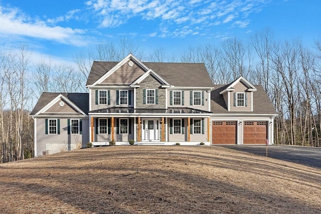 view of front facade with aphalt driveway, covered porch, an attached garage, and roof with shingles