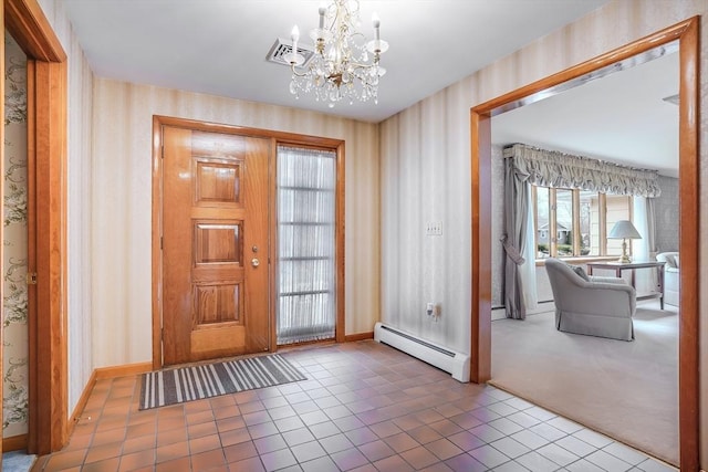 entryway featuring wallpapered walls, visible vents, baseboards, a baseboard radiator, and a chandelier