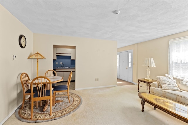 living room with sink, light carpet, and a textured ceiling