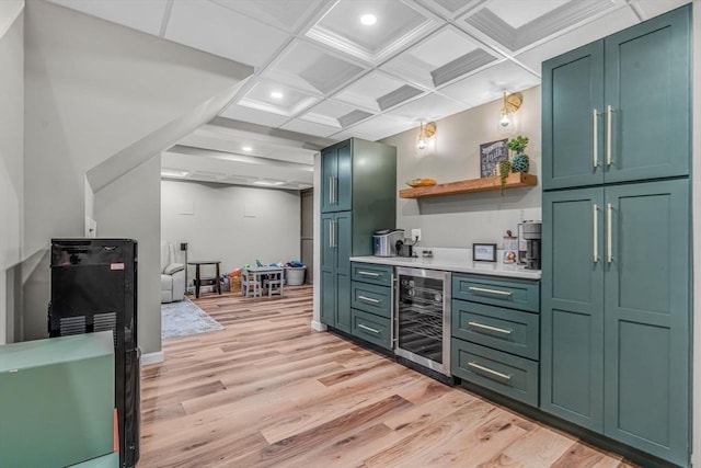 bar featuring light wood finished floors, beverage cooler, beam ceiling, coffered ceiling, and a bar