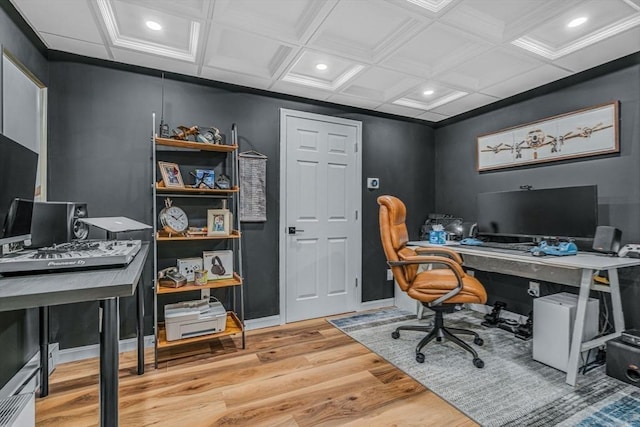 home office with light wood-style flooring, recessed lighting, and coffered ceiling