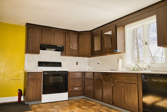 kitchen featuring decorative backsplash, electric range oven, a sink, dishwasher, and under cabinet range hood