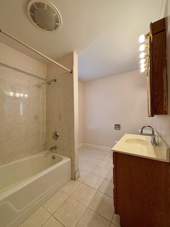 bathroom featuring shower / bathtub combination, visible vents, vanity, tile patterned flooring, and baseboards