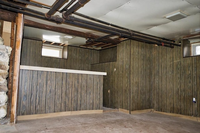 basement featuring wooden walls