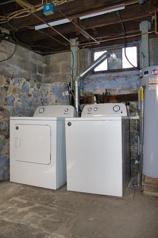 laundry room with washing machine and dryer, laundry area, and water heater