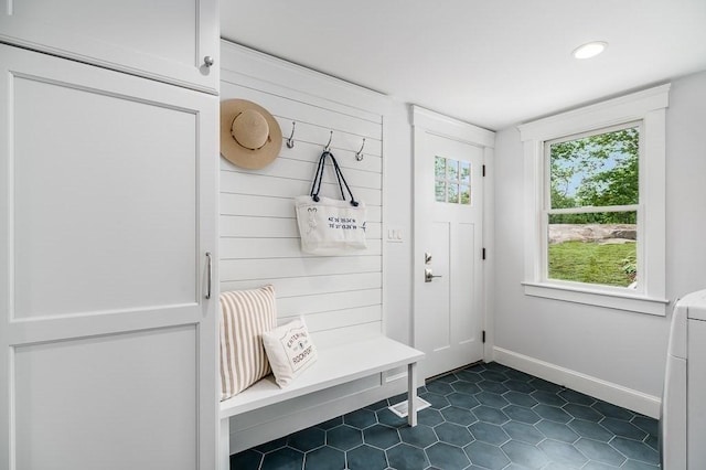 84 S St, Rockport, MA 01966 - mudroom featuring dark tile patterned floors, baseboards, recessed lighting, and washer / dryer