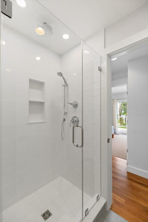 84 S St, Rockport, MA 01966 - full bath featuring a shower stall, recessed lighting, wood finished floors, and baseboards
