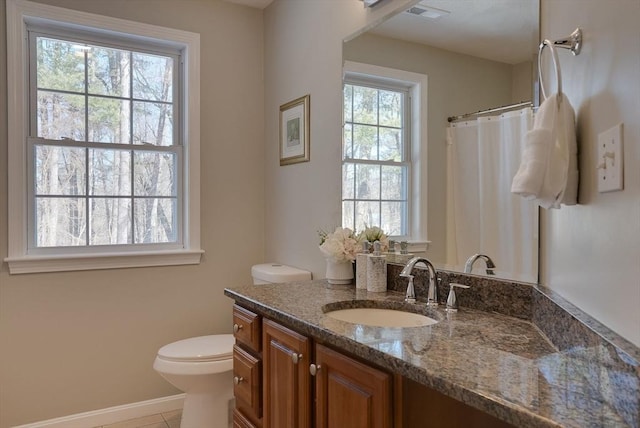 bathroom featuring visible vents, a shower with shower curtain, toilet, tile patterned flooring, and vanity