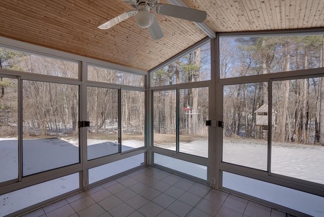 unfurnished sunroom featuring wooden ceiling, ceiling fan, and vaulted ceiling