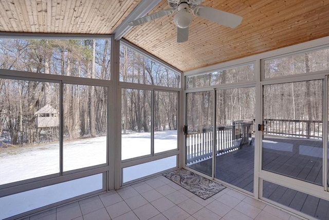 unfurnished sunroom with vaulted ceiling with beams, ceiling fan, and wooden ceiling