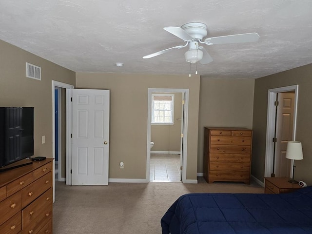 132 Bean Porridge Hill Rd, Westminster, MA 01473 - bedroom with baseboards, light colored carpet, ensuite bath, a textured ceiling, and ceiling fan