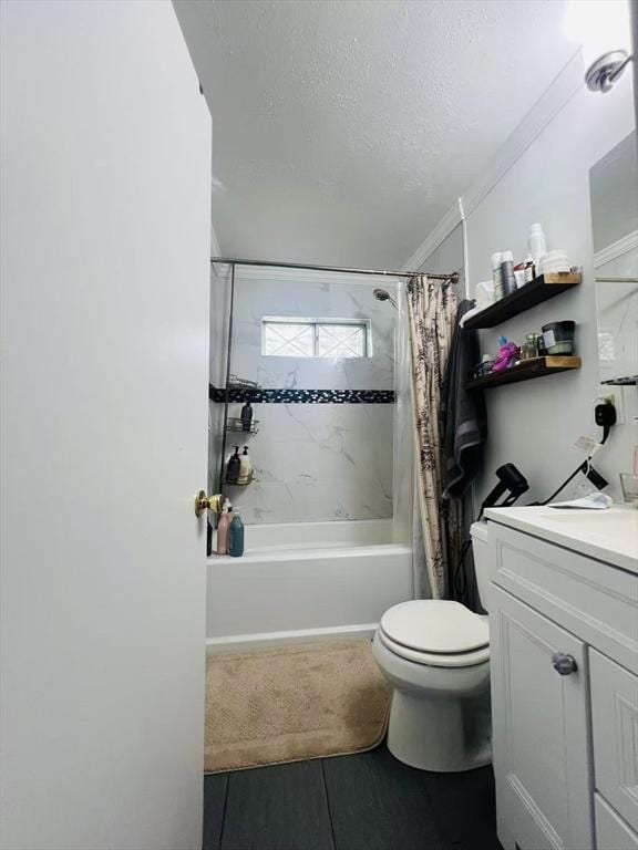 3 Fernview Ave Unit 11, North Andover, MA 01845 - bathroom featuring vanity, shower / tub combo with curtain, toilet, a textured ceiling, and ornamental molding