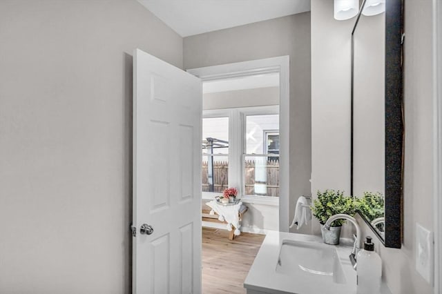 bathroom featuring vanity and wood-type flooring