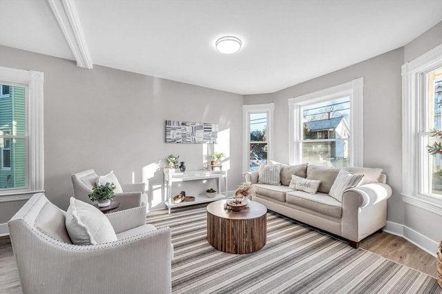 living room with beamed ceiling and hardwood / wood-style flooring