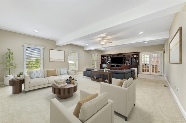 138 Fairview St, Holliston, MA 01746 - living area with light colored carpet, beamed ceiling, recessed lighting, and a ceiling fan