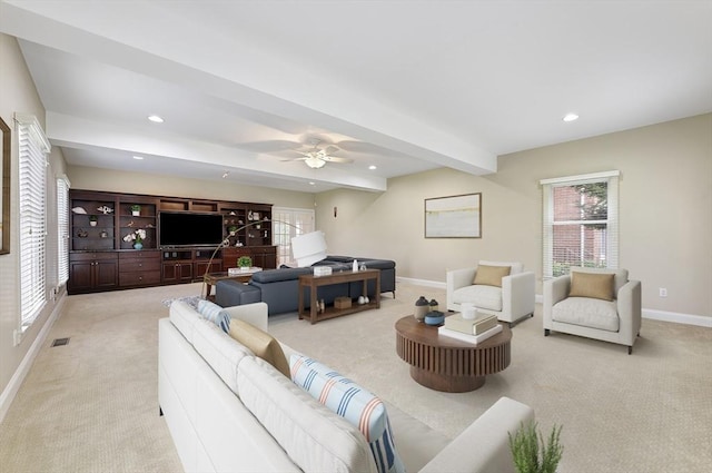 138 Fairview St, Holliston, MA 01746 - living room with light colored carpet, recessed lighting, a ceiling fan, and beamed ceiling