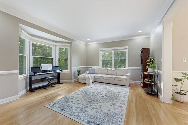 138 Fairview St, Holliston, MA 01746 - living room with crown molding, wood finished floors, and recessed lighting