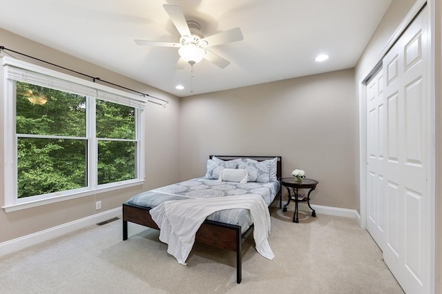 138 Fairview St, Holliston, MA 01746 - bedroom featuring light colored carpet, recessed lighting, a closet, and ceiling fan