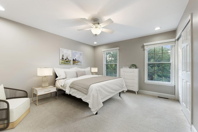 138 Fairview St, Holliston, MA 01746 - bedroom with light colored carpet, recessed lighting, and ceiling fan