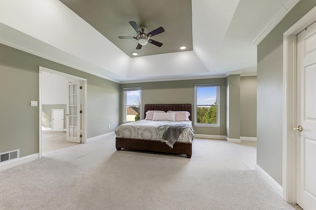 138 Fairview St, Holliston, MA 01746 - carpeted bedroom with a tray ceiling, crown molding, french doors, recessed lighting, and a ceiling fan