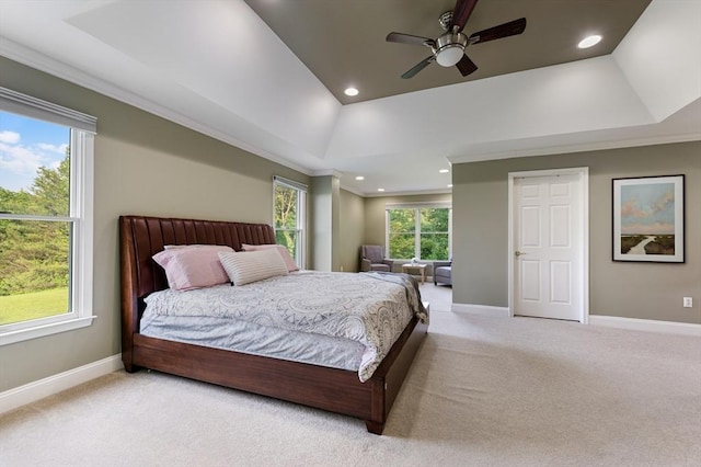 138 Fairview St, Holliston, MA 01746 - bedroom featuring a tray ceiling, ornamental molding, recessed lighting, carpet flooring, and ceiling fan