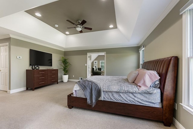 138 Fairview St, Holliston, MA 01746 - bedroom with light carpet, a raised ceiling, recessed lighting, crown molding, and a ceiling fan