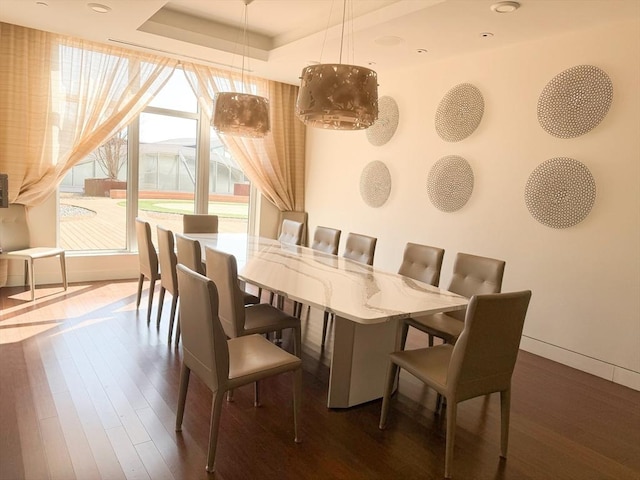dining area featuring a tray ceiling, dark wood-style flooring, and baseboards
