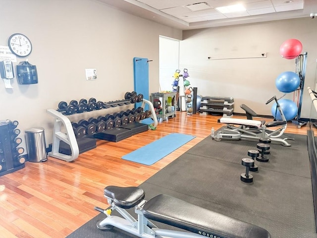 exercise room with a paneled ceiling and wood finished floors