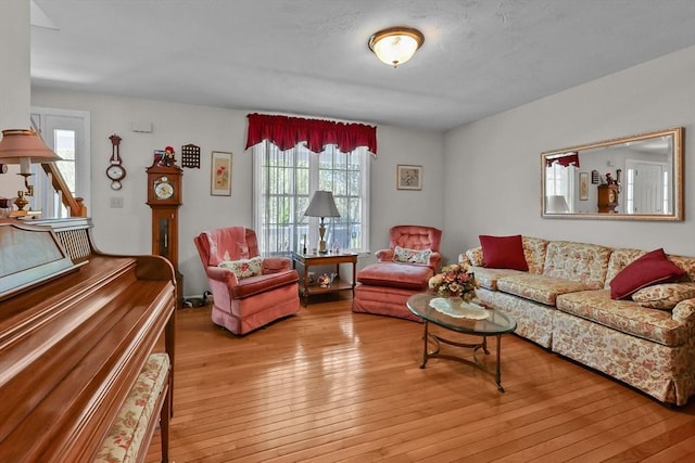 living room featuring a wealth of natural light and light wood-style floors
