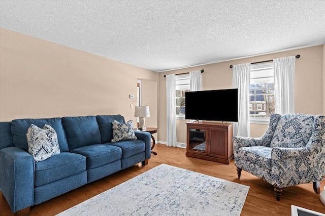 living room featuring hardwood / wood-style floors and a textured ceiling