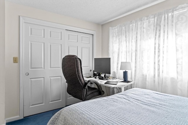 bedroom featuring carpet floors, a closet, and a textured ceiling