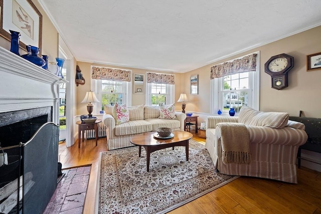 living area with a premium fireplace, ornamental molding, and wood finished floors